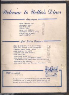  1977 Menu "Yetter's Diner" Augusta NJ