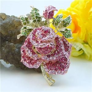 Flower Rose Bud Leaf Brooch Pin Lapel Swarovski Crystal