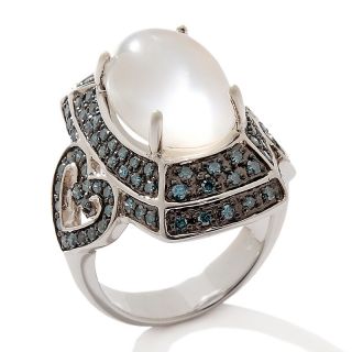 White Quartz, Mother of Pearl and Blue Diamond Sterling Silver Ring at