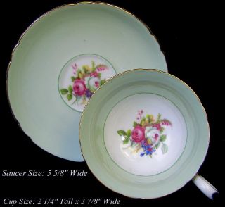  SHELLEY ENGLISH CHINA CUP AND SAUCER SET PALE GREEN PINK WHITE ROSES