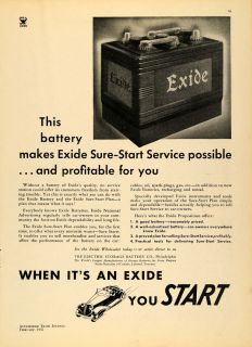 1935 Ad Electric Storage Battery Company Exide Car Battery