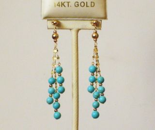  Solid Yellow Gold Natural Turquoise Round Ball Elegant Earrings