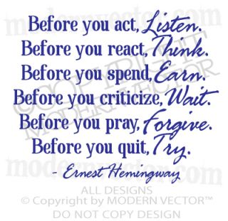 Ernest Hemingway Quote Vinyl Wall Decal Inspirational Lettering Before