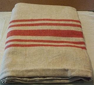 Vintage Unusual Double Long Wool Blanket Cutter Beige Red Stripe 150 x
