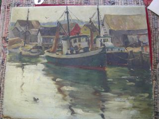ANTIQUE PAINTING OIL CANVAS OYSTER BOAT SCENE SHELL PILE PORT NORRIS