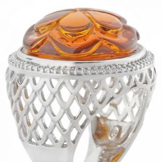 Age of Amber Diamond Accented Carved Amber Floral Sterling Silver R