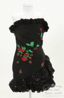 Emanuel Ungaro Vintage Black Rose Print & Sequin Lace Trim Dress