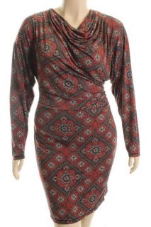 Studio M New Brown Long Sleeve Printed Drape Neck Ruched Casual Dress