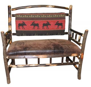 Rustic Hickory Deacons Bench Faux Brown Leather Seat with Moose Back