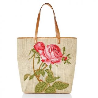 Clever Carriage Rose Needlepoint Tote with Leather Trim at