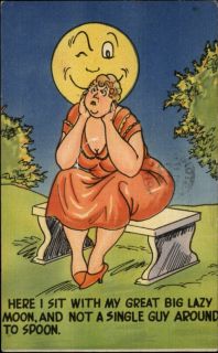 Angry Fat Woman on Bench Moon w Funny Face Linen Comic Postcard