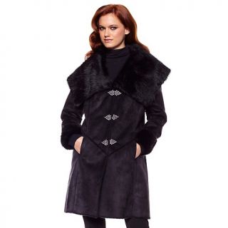 American Glamour Badgley Mischka Jeweled Coat with Faux Fur Trim
