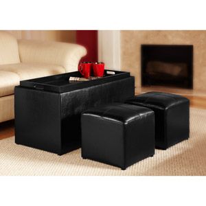 Faux Leather Storage Bench Coffee Table with 2 Side Ottomans Black or