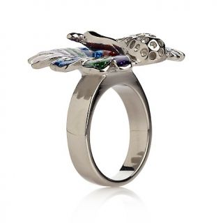 Stately Steel Enamel and Glitter Multicolor Peacock Ring at
