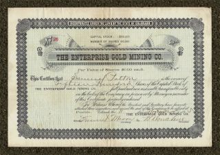 1895 Enterprise Gold Mining Company Stock Certificate Pueblo Colorado