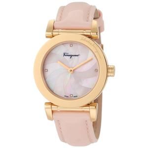 New Ferragamo Womens Pink Leather MOP Diamond Wrist Watch F50SBQ5027
