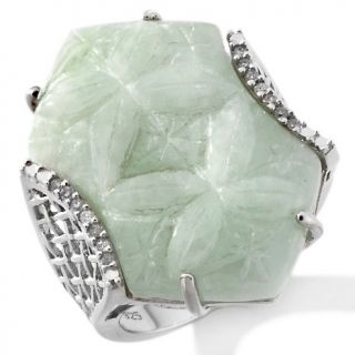Sterling Silver Carved Green Jade Diamond Accented Floral Ring