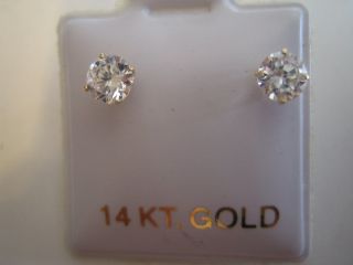 14k Yellow Gold Womens CZ Ear Ring White Round Screw