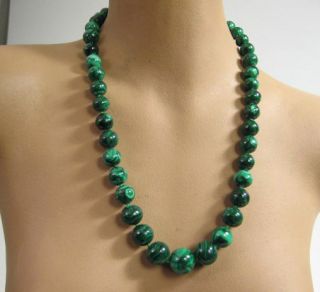 Heavy Graduated Round Green Malachite Beaded Necklace Great Quality