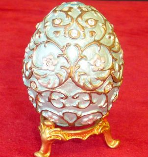 Enameled Figurine Jewelry Box Faberge Style Egg on Stan