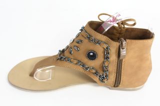 erica i bow chain studded ankle wrap zipper sandal camel pu material