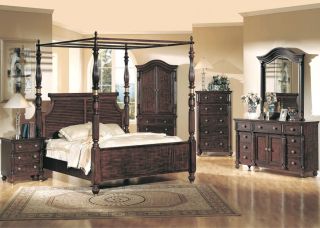  Louvered Canopy Bed Wood 5 Piece Bedroom Furniture Set w Chest