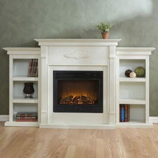 SOLD OUT) WHITE ELECTRIC FIREPLACE w/ BOOKSHELVES & REMOTE   70W