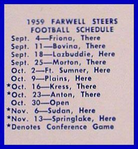 1959 Farwell Steers Football Schedule Matchcover
