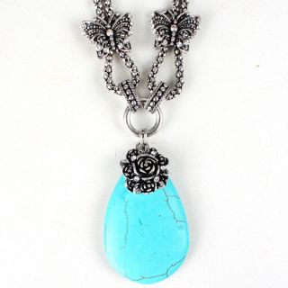  Crystal Butterfly Flower Turquoise Pendant Earring Necklace Set