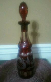 Antique Ruby Red Czech Bohemian Etched Glass Decanter