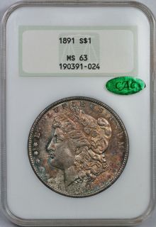   DOLLAR 1 MS 63 NGC RAINBOW COLOR TONE CAC APPROVED OLD FAT HOLDER