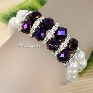 1P Purple Crystal Glass Faux Pearl Bracelet 6L New