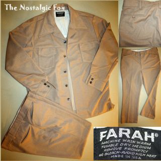 Vintage 70s Farah Polyester Lt Brown Tan Mens Leisure Suit J 46 P 40