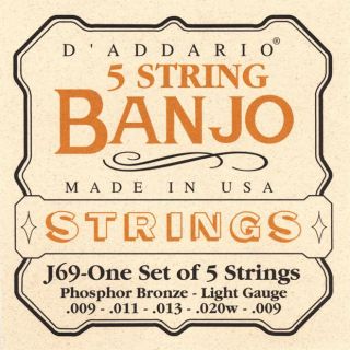 Addario J69 5 String Banjo Strings Phosphor Bronze Light Gague