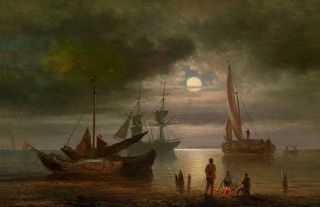 Huge Oil painting seascape fishers with sail boats by the sea in moon