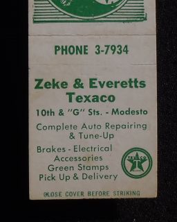 1950s Matchbook Zeke & Everetts Texaco Gas 10th & G Sts. Green Stamps