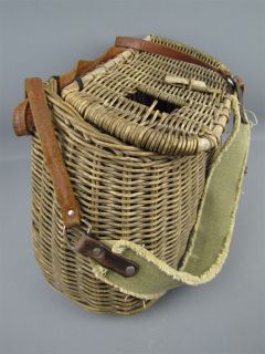 Vintage Wicker Fishing Creel Basket w Leather Strap