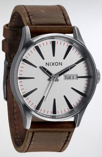 Nixon The Sentry Leather Watch in Silver Brown