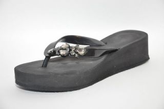 BCBGeneration Fifi Black Jeweled Thong Wedge Flip Flop Sandal Women