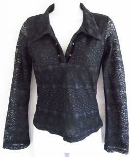 ANN FERRIDAY Lace Print Black Semi Sheer OS One Size Shirt Top Long