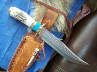 BOWIE KNIFE KEN RICHARDSON CUSTOM MADE N USA SMOOTH HORN & TURQUOISE 8