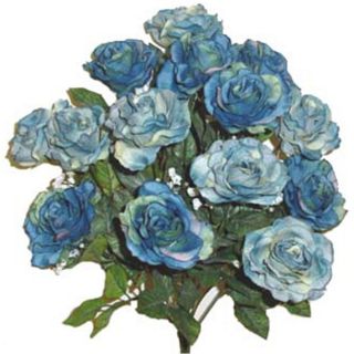 Open Rose Bush w 14 Blue Roses Silk Flowers Artificial Arrangements