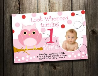 Owl Birthday Party Invitation Custom 1st Baby Shower Invites Girl Pink