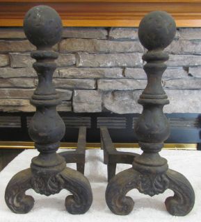 Antique Hammered Cast Iron Andirons Fireplace Tools