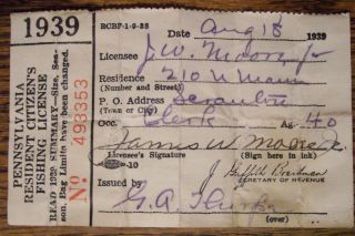 1939 Pennsylvania Resident Citizens Fishing License