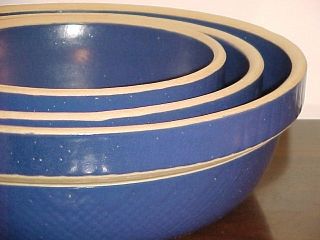 Blue Yellow Ware Bowl Nesting Set of 3 Stoneware Pottery Crocks