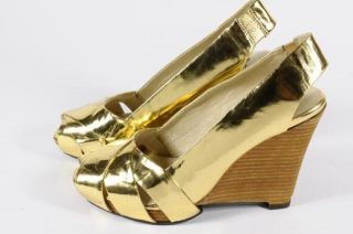 Faryl Robin Metallic Gold Leather Wedge Slingback Heels Peep Toe