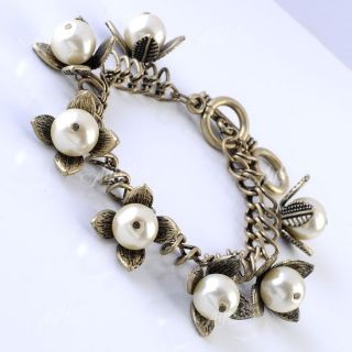 Fashion Bronze Faux Pearl Flower Chain Bracelet Wristband Korean Free