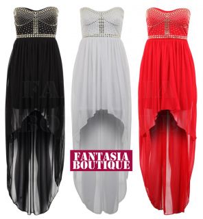 Ladies Gold Studded Red Black Ivory Fishtail High Low Chiffon Womens