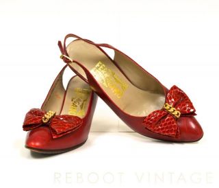 Salvatore Ferragamo Vintage Red Leather Chain Snakeskin Bow Slingback